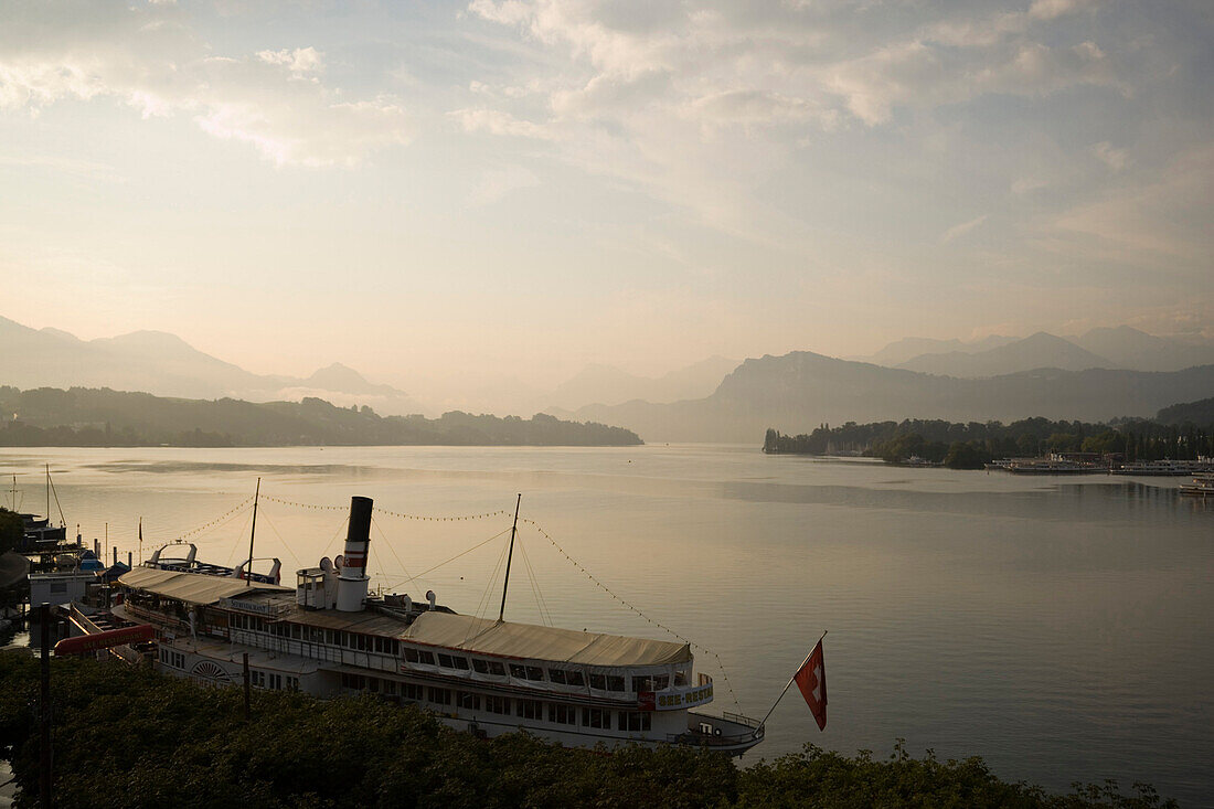 View over floating restaurant Wilhelm Tell, nostalgic salon-steamer from 1908, at Lake Lucerne to European Alps, Lucerne, Canton Lucerne, Switzerland
