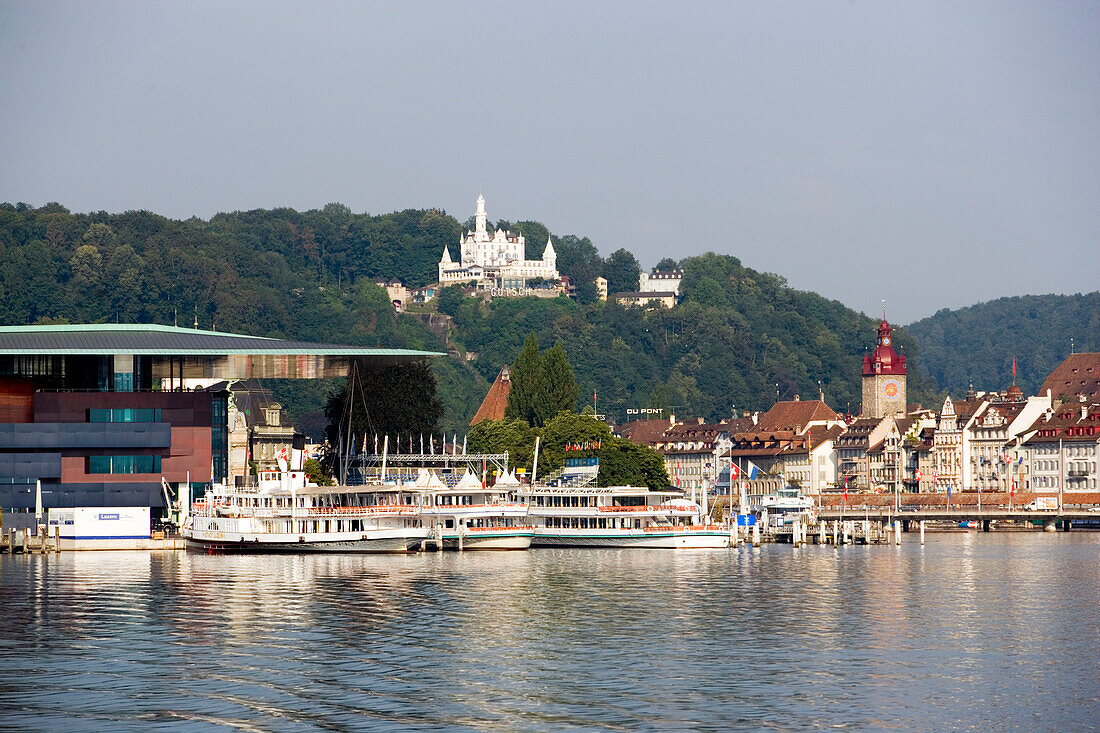 View over Lake Lucerne to KKL (culture and congress centre of Lucerne) at Europaplatz, Lucerne, Canton of Lucerne, Switzerland