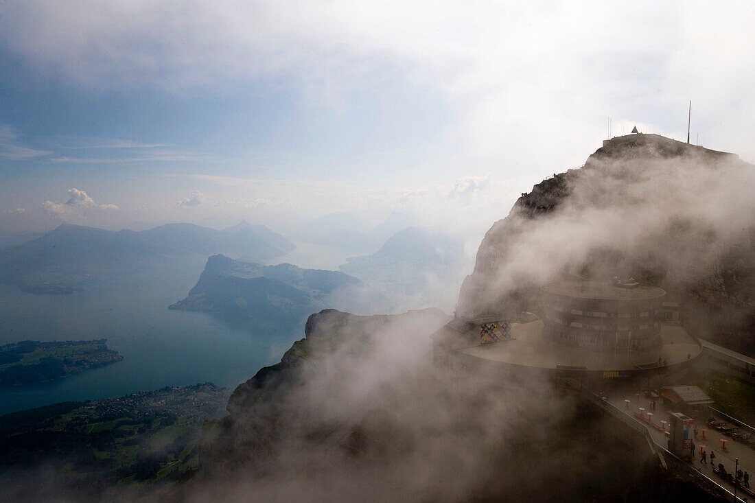 Hotel Bellevue in front of mount Esel (2118 m), panoramic view over Lake Lucerne, Pilatus (2132 m), Pilatus Kulm, Canton of Obwalden, Switzerland