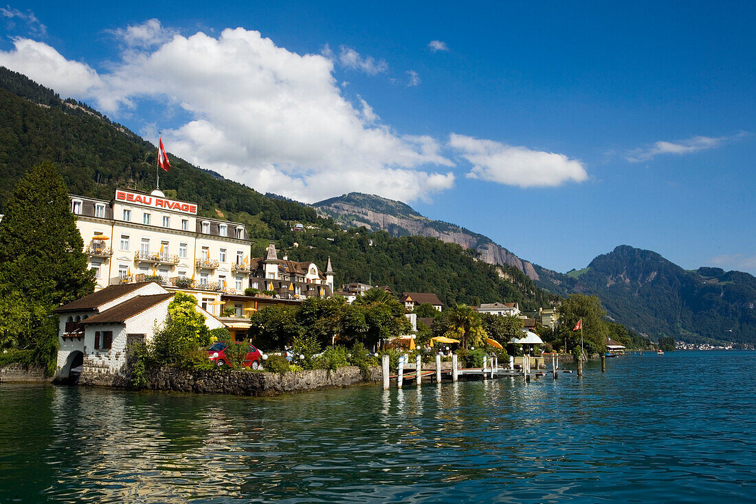 View over Lake Lucerne to Hotel Beau-Rivage, Weggis, Canton of Lucerne, Switzerland
