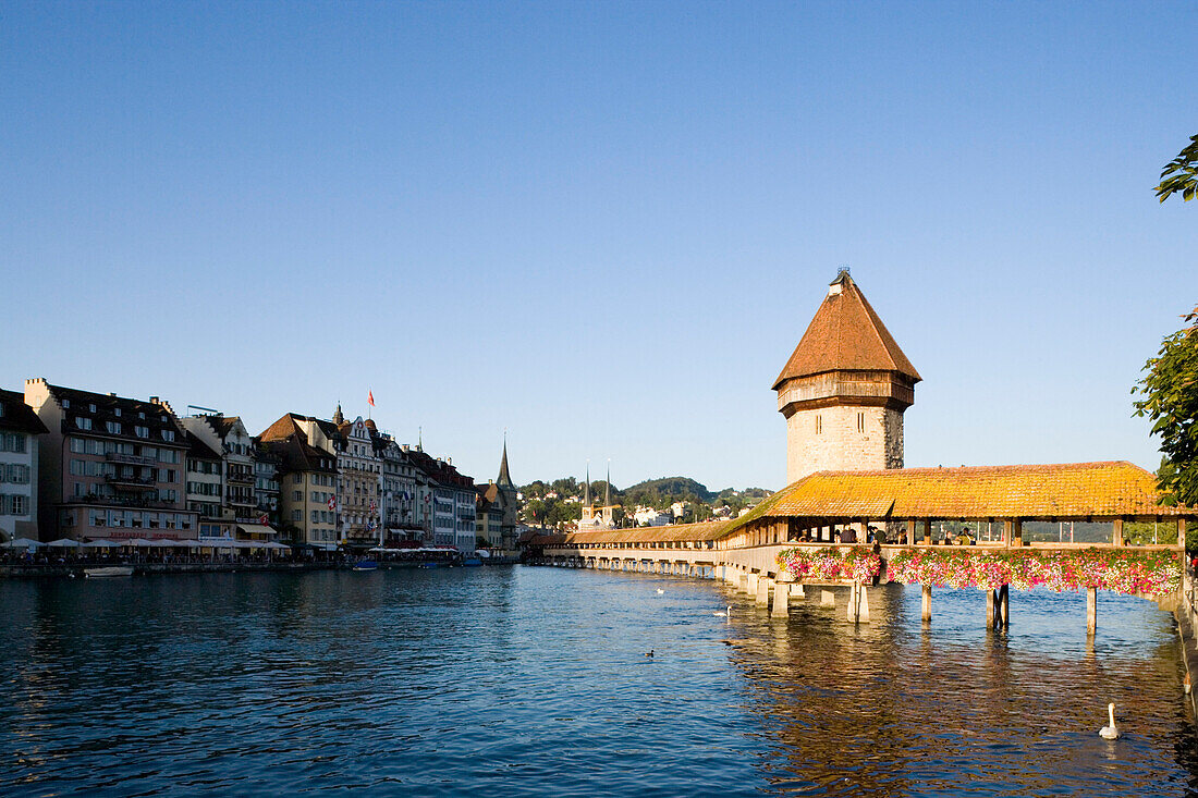 Reuss river with chapel bridge, the oldest covered bridge in Europe and water tower, Lucerne, Canton Lucerne, Switzerland