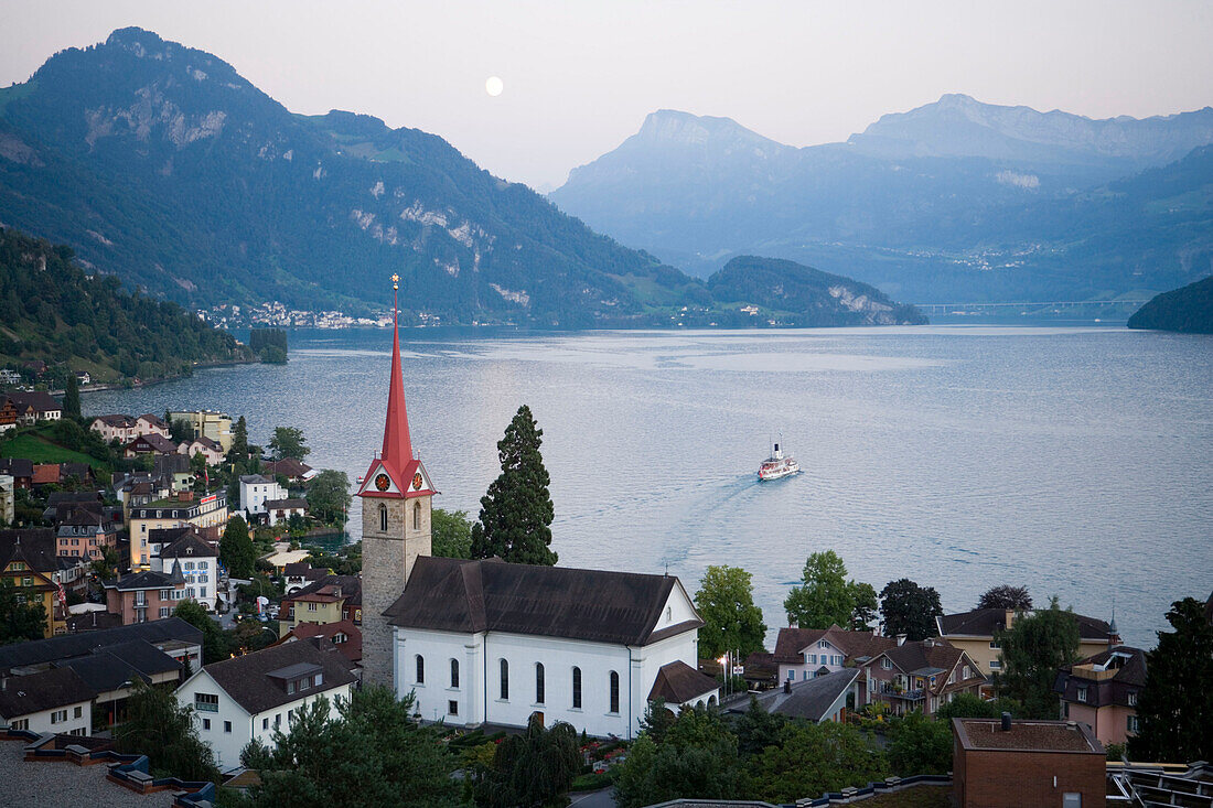 Parish church St. Maria, paddle wheel steamer on Lake Lucerne, Weggis, Canton Lucerne, Switzerland