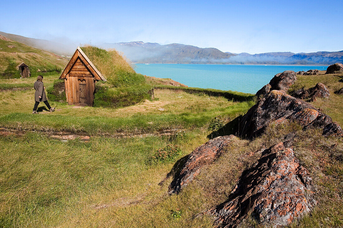 The reconstructed first church of Greenland at Qassiarsuk, the place were the first vikings with Erik the Red settled, Qassiarsuk, South Greenland