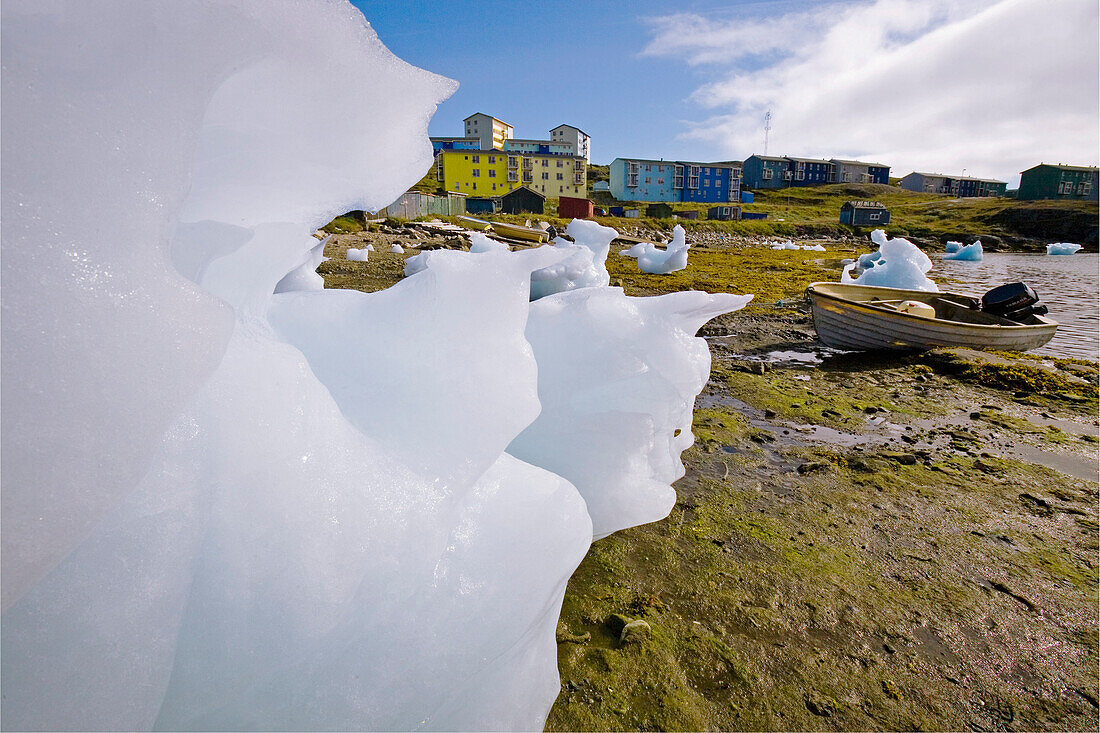 Stranded icebergs in front of the town Narsaq, South Greenland.