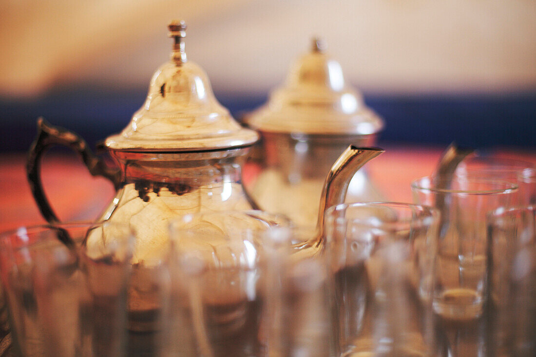 Teepots and Glasses inside a Berber tent, Toubkal Region, High Atlas, Morocco, North Africa