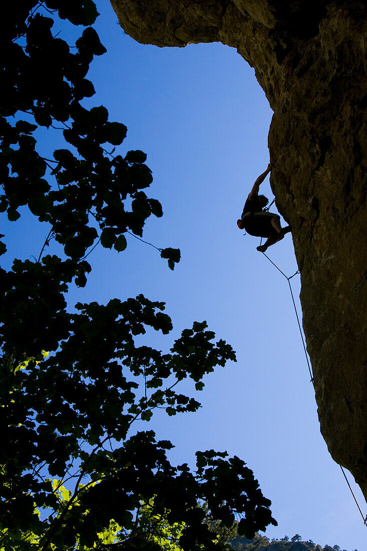 Gorge de la Jonte,  Falling climber on the route Totem 7a, South France. Europe, MR