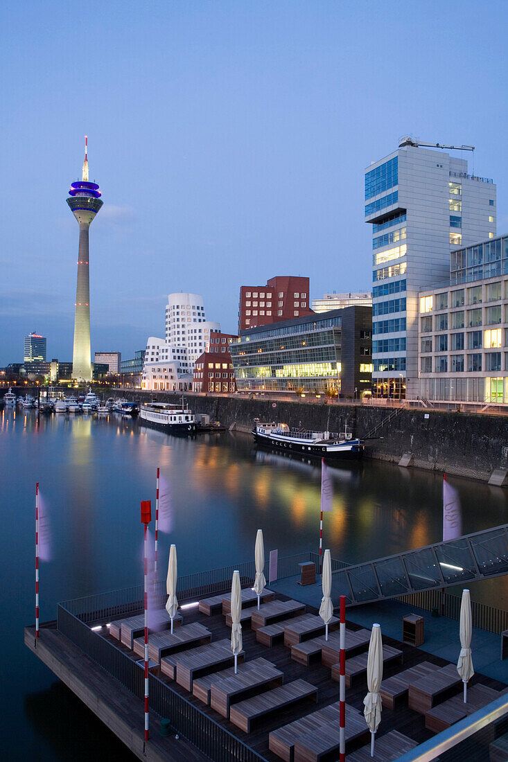 Modern architecture in the Media Harbour with television tower, state capital of NRW, Düsseldorf, North-Rhine-Westphalia, Germany