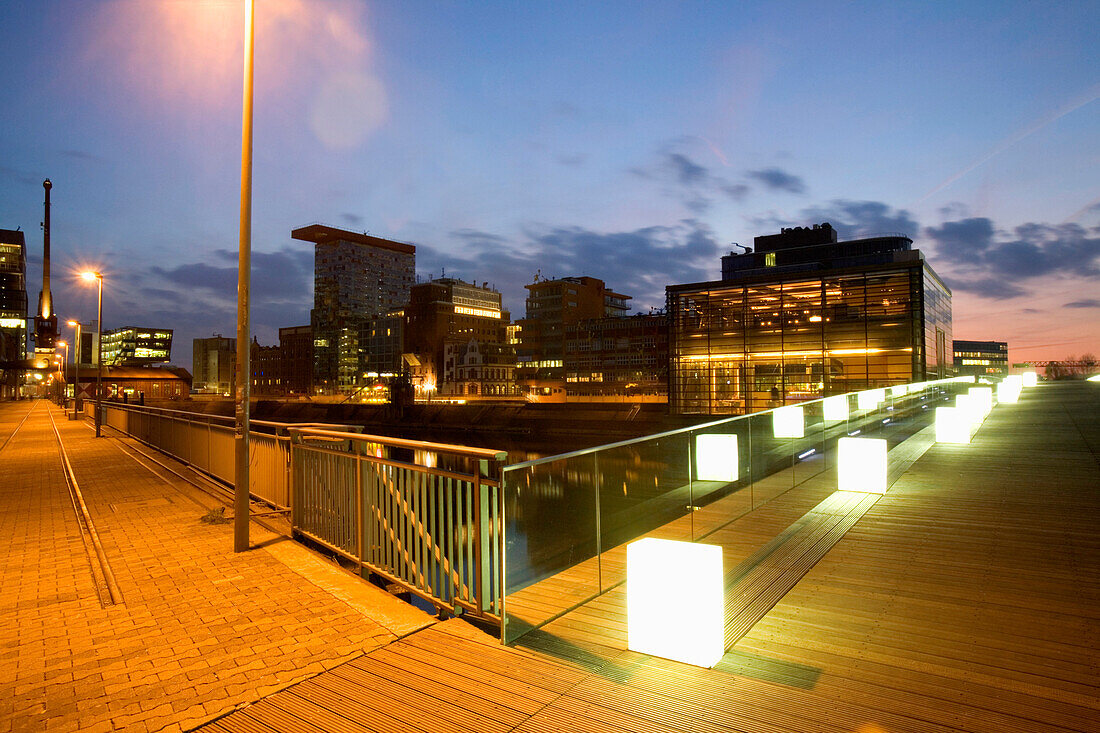 Modern architecture at the Media Harbour at night, Düsseldorf, state capital of NRW, North-Rhine-Westphalia, Germany