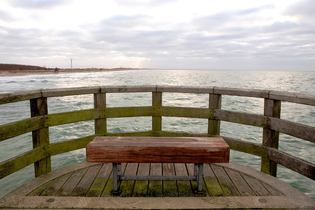 Bench on seabridge at Baltic sea, Dierhagen, Mecklenburg-Western Pomerania, Germany