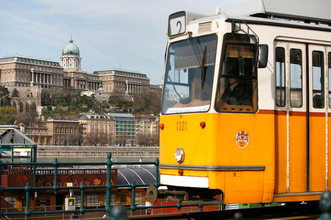 Ein Strassenbahn mit Burgpalast im Hintergrund, Budapest, Ungarn
