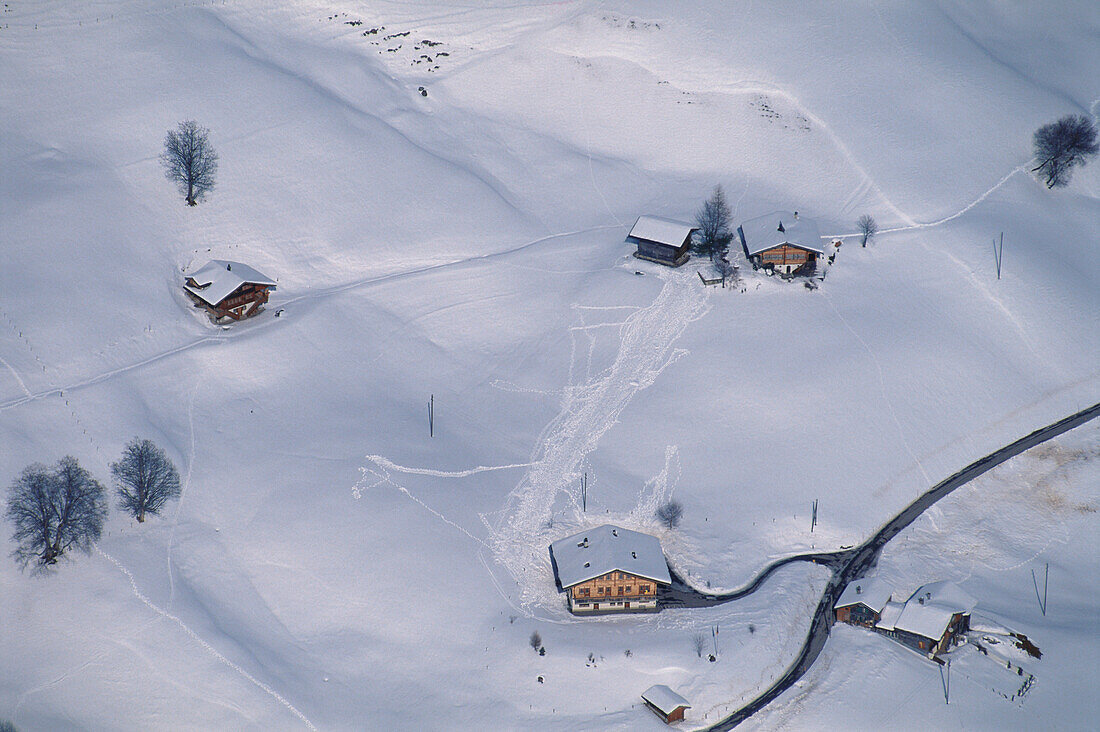 Aerial shot of alpine huts, Gstaad, Canton of Bern, Switzerland