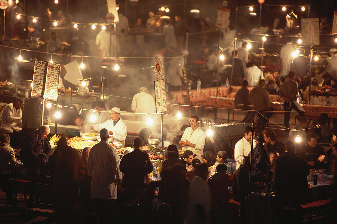 Foodstalls at the night market, Djama el-Fna, Marrakech, Marocco, Africa