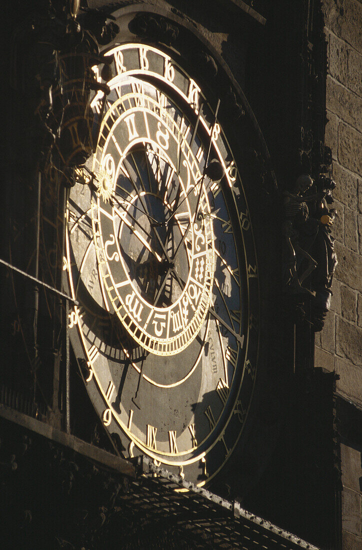 Close uo of the medieval Astronomical Clock on the southern wall of the Town Hall, Prague, Czech Republik