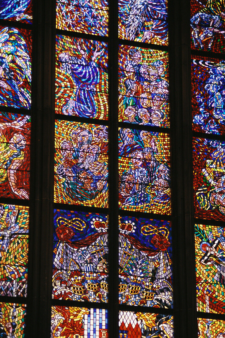 Inside St. Vitus Cathedral, Czech stained glass window from the 20th Century, Prag, Czech Republic