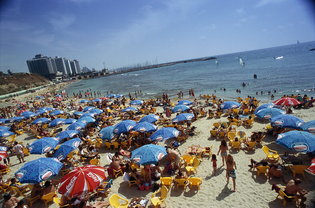 People on a crowded beach, Hilton Beach, Tel-Aviv, Israel