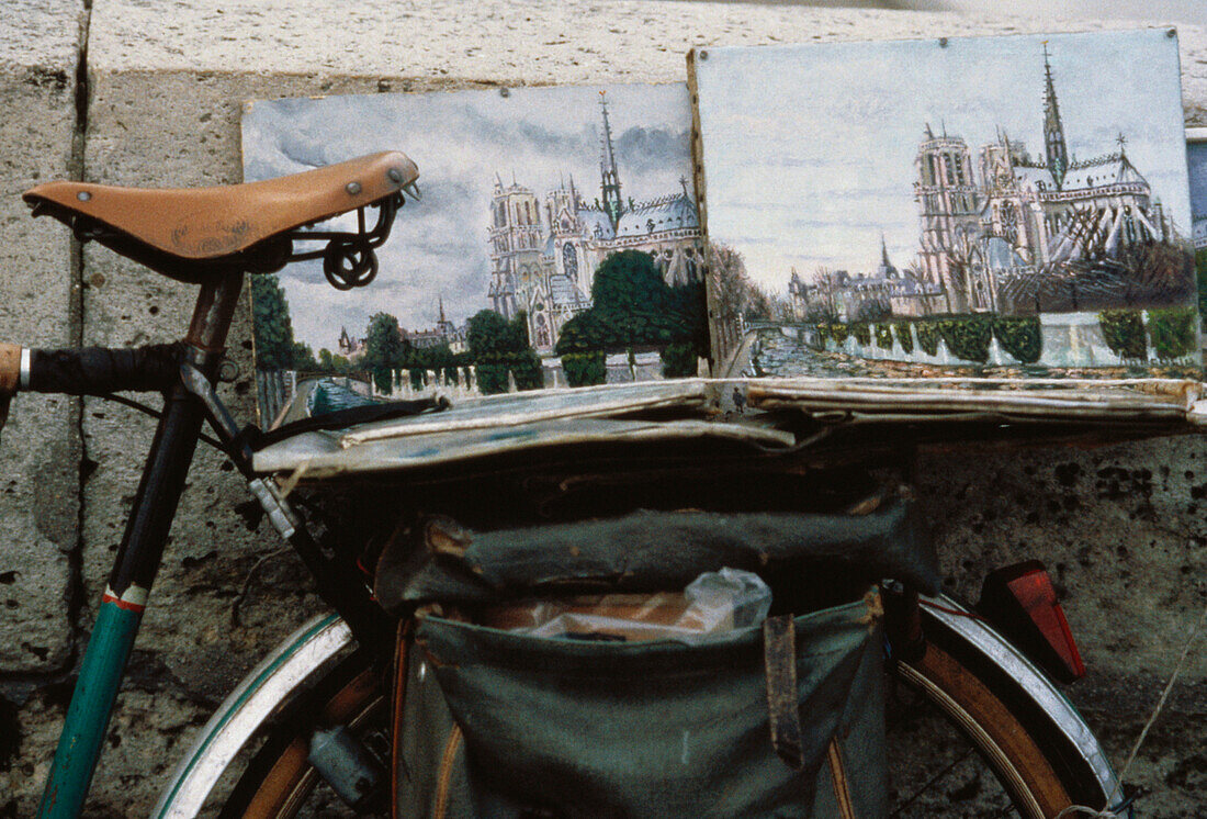 Cycle, Bike with paintings of Notre Dame on top, Paris, France