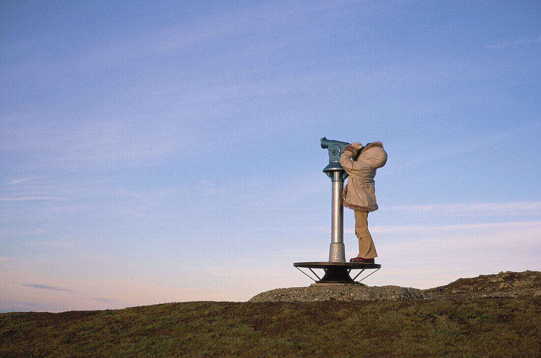 Child looking through binoculars, mountain Hoernle, Bad Kohlgrub, Upper Bavaria, Germany