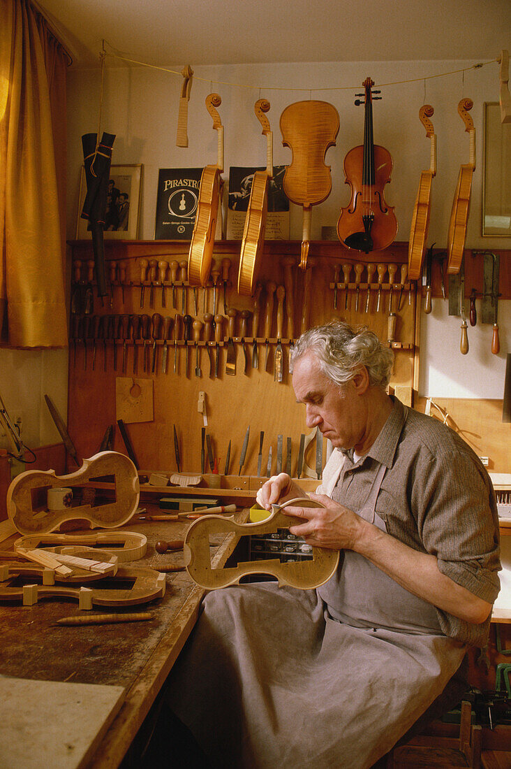 Violin maker, Mittenwald, Upper Bavaria, Bavaria, Germany
