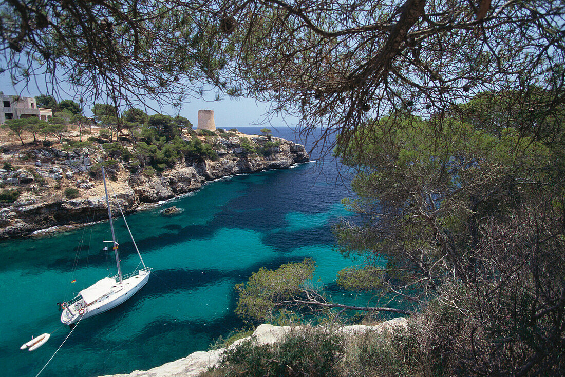 Sailing boat in a bay, Cala Pi, Mallorca, Balearic Islands, Spain