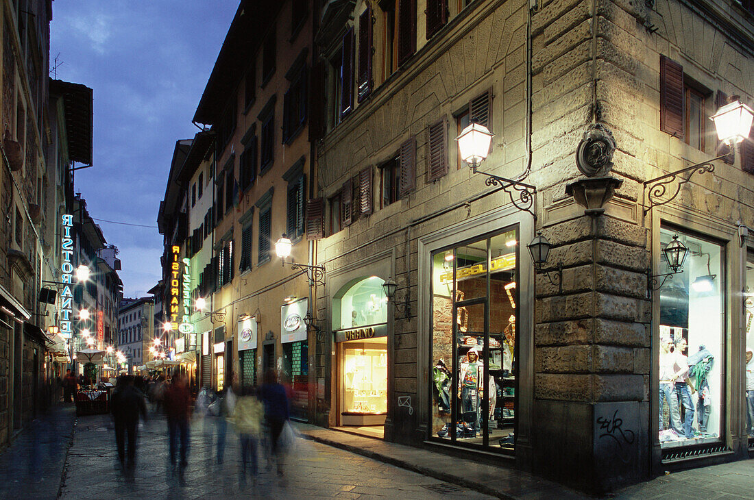 Steet with shops and restaurants, leaving from Piazza San Lorenzo, Florence, Tuscany, Italy