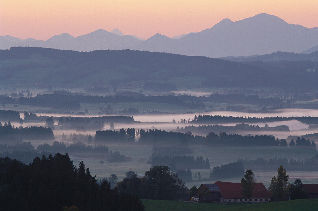 View to Alpine Upland, near Schongau, Allgaeu, Upper Bavaria, Bavaria, Germany