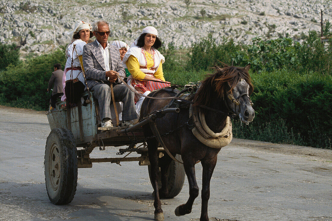 Locals in a horse carriage, landscape, North Albania
