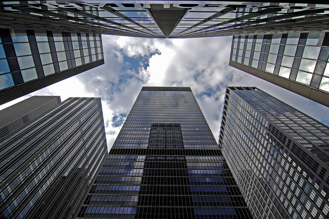 Low angle view at high rise buildings, 7th Avenue, Manhattan, New York City, New York, USA, America