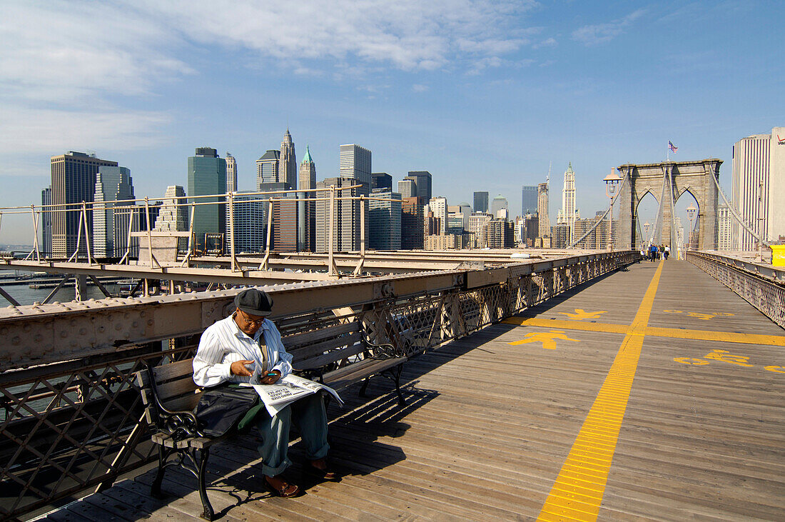 View of Manhattan Skyline and Brooklyn Bridge, New York City, New York, USA