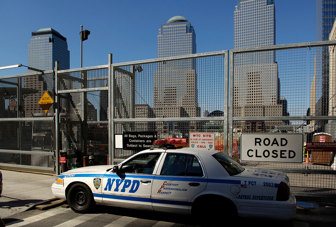 A police car outside Ground Zero, New York City, New York, USA