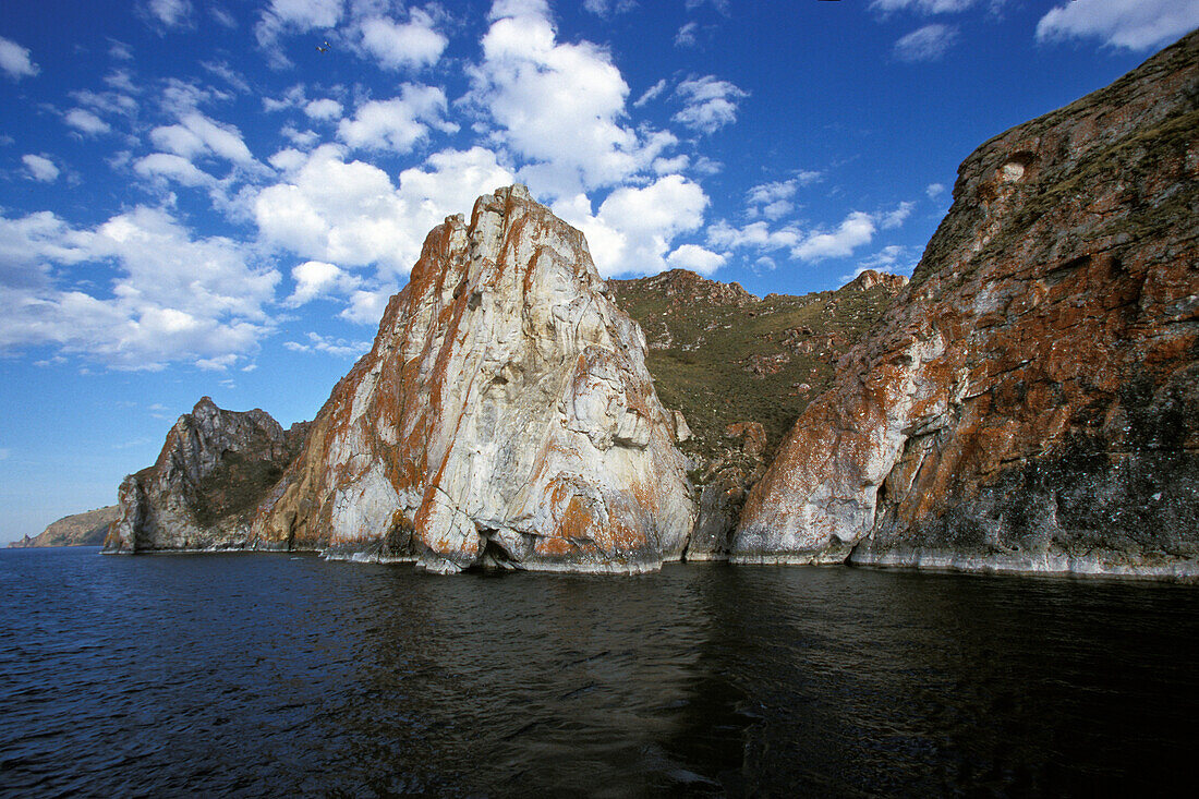 Red rocks of Sagan Kushun, Lake Baikal, Siberia, Russia