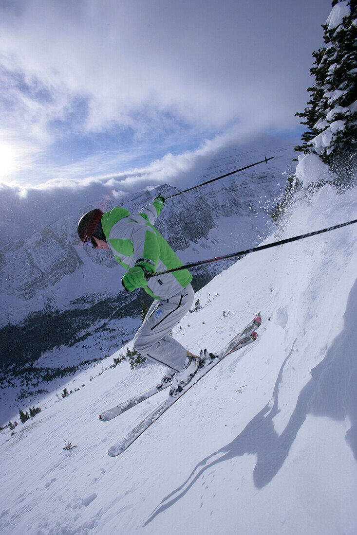 Skier jumping, Castle Mountain ski resort, Alberta, Canada