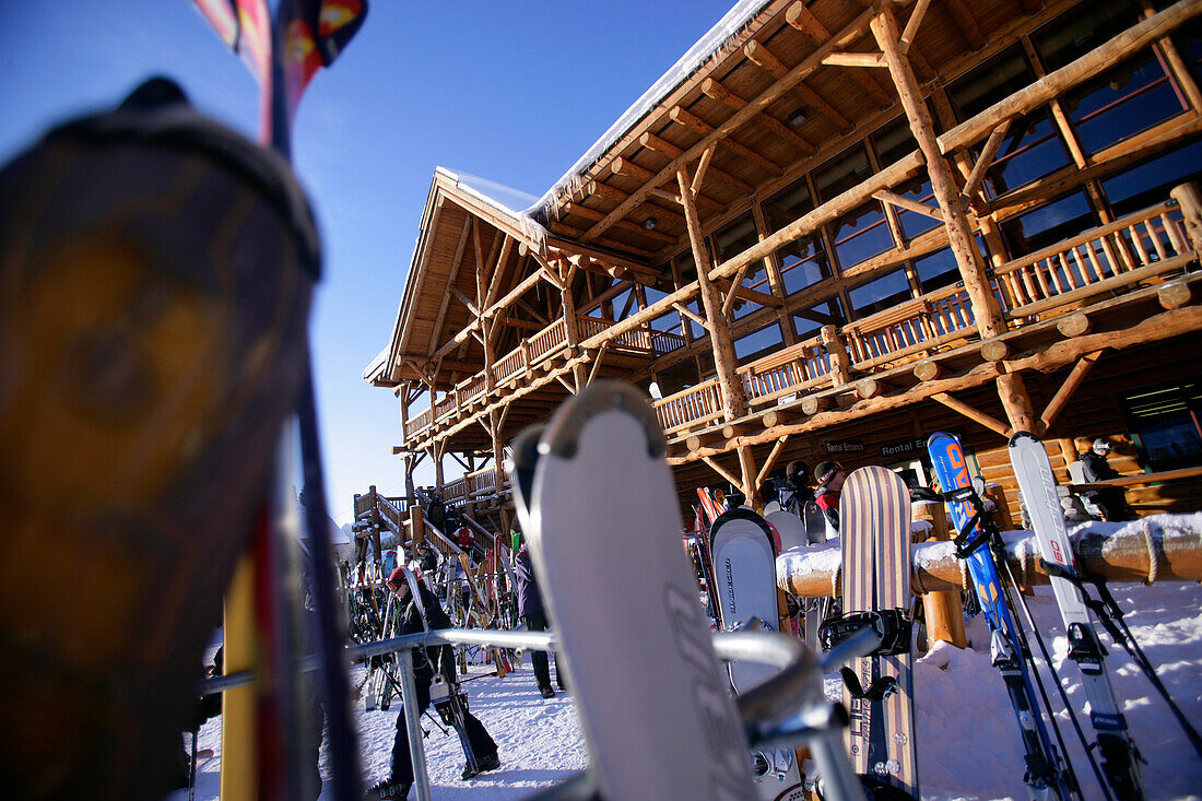 Snowboards and skis at the base station of Lake Louise Ski Resort, Lake Louise, Alberta, Canada