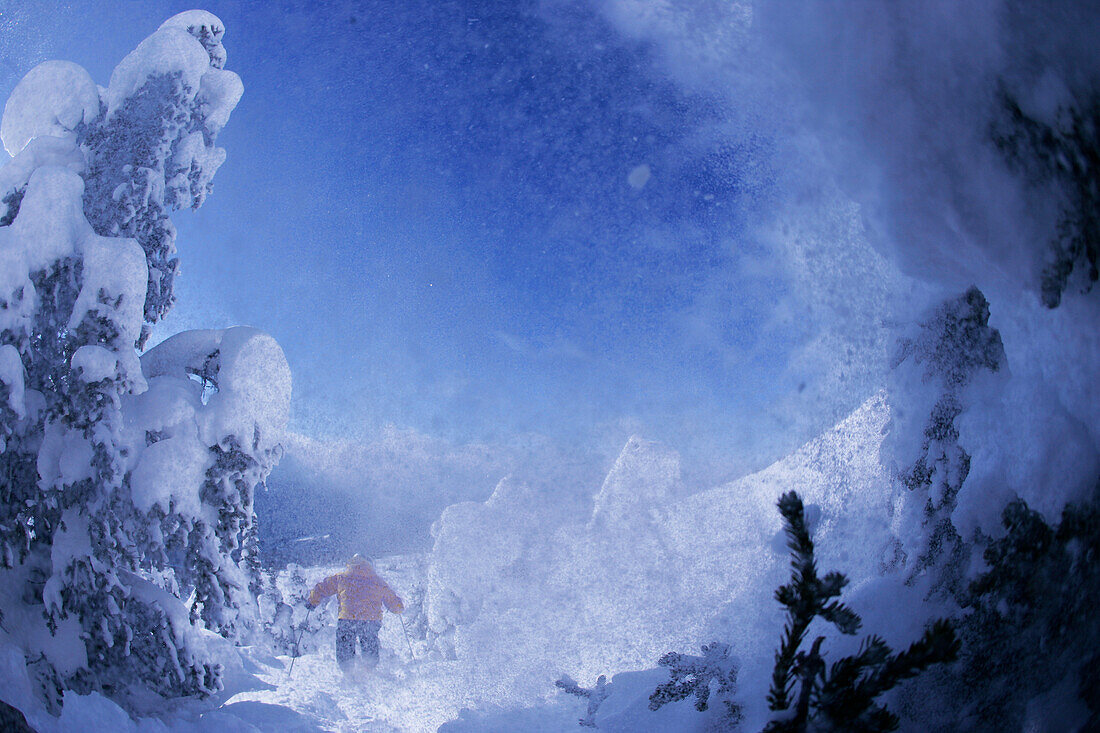 Skier in deep snow, dispersing snow, Lake Louise, Alberta, Canada