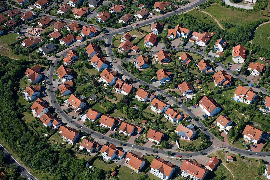 Aerial photo of new houses on a housing estate, Neighborhood, Huenfeld, Rhoen, Hesse, Germany