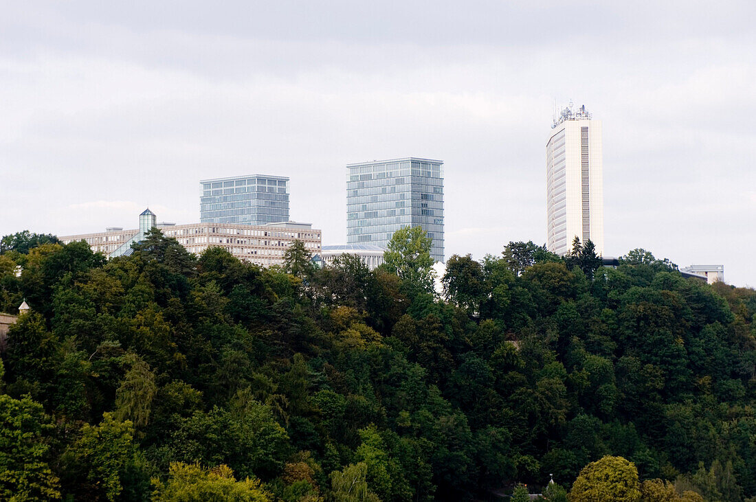 High rise buildings and the European Court of Justice hidden by trees, Kirchberg, Luxemburg