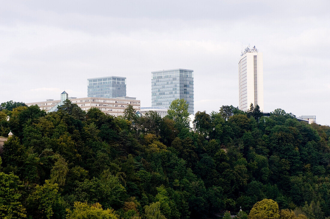 Hochhäuser und Europäischer Gerichtshof versteckt hinter Bäumen, Kirchberg, Luxemburg