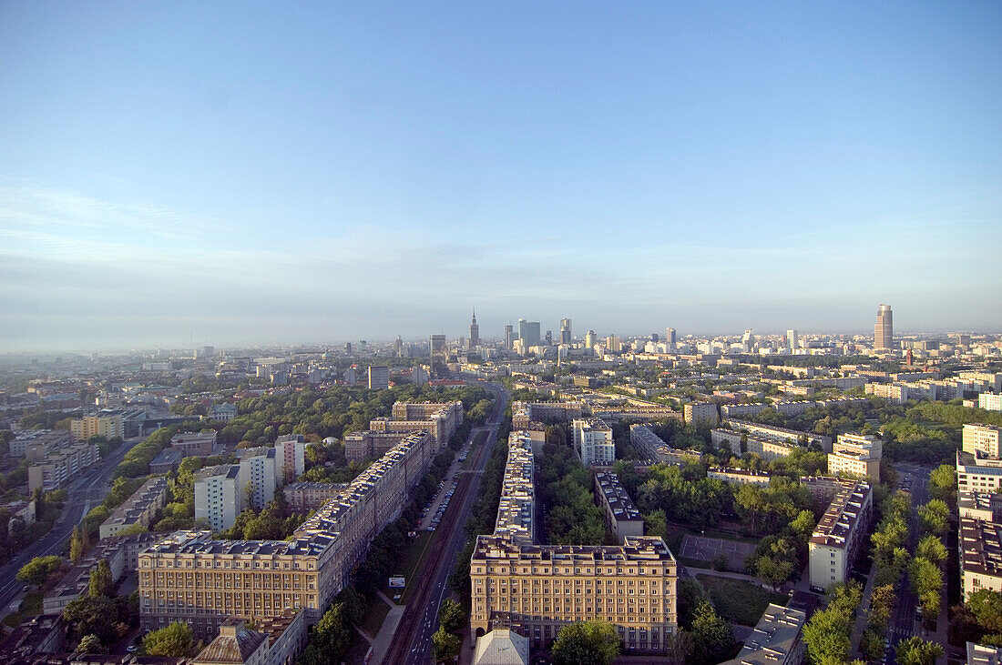 Blocks of houses and streets in the city in the morning light, Warsaw, Poland