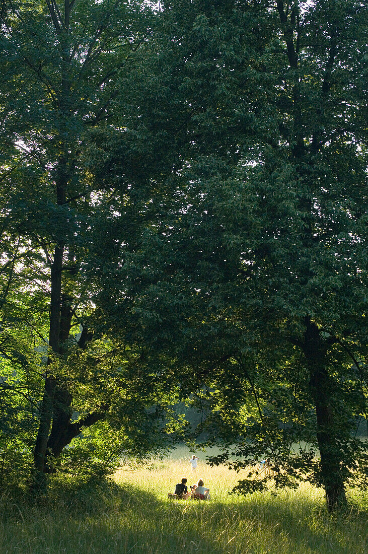 Couple sitting on a meadow in a park, Munich, Bavaria, Germany