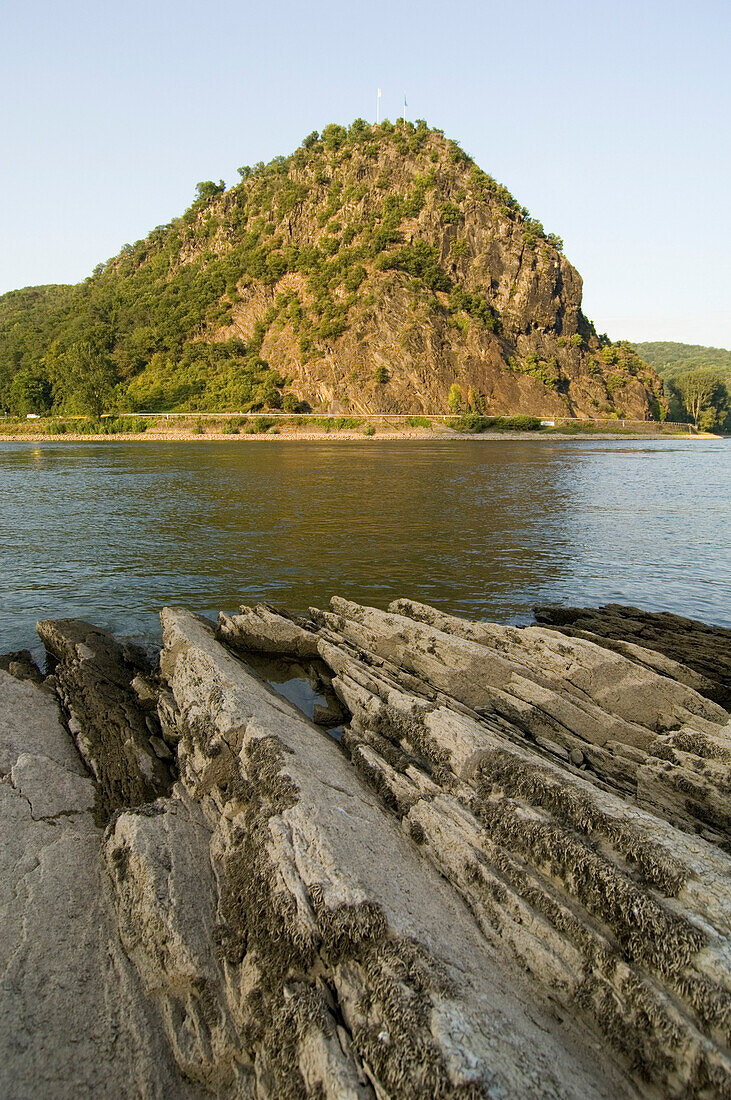View over river Rhine to rock Loreley, near St. Goarhausen, Rhineland-Palatinate, Germany