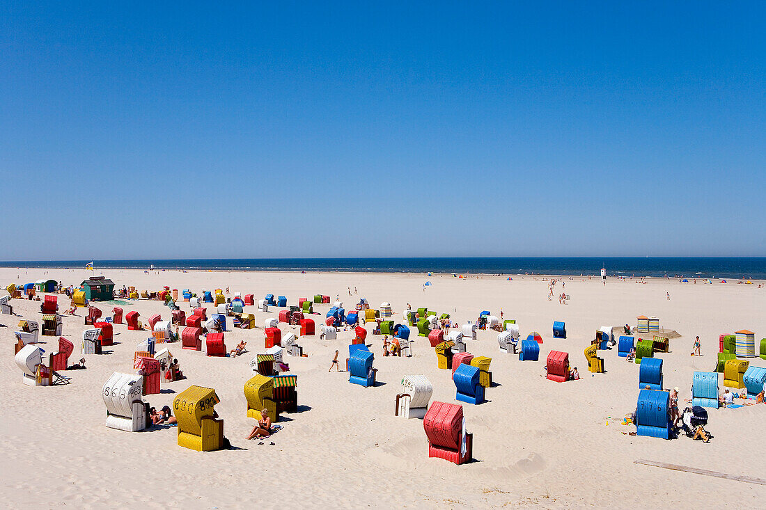 View over beach with beach chairs, Juist Island, East Frisian Islands, Lower Saxony, Germany