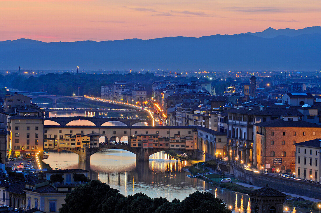View of Florence with river Arno and Ponte Vecchio, Florence, Tuscany, Italy