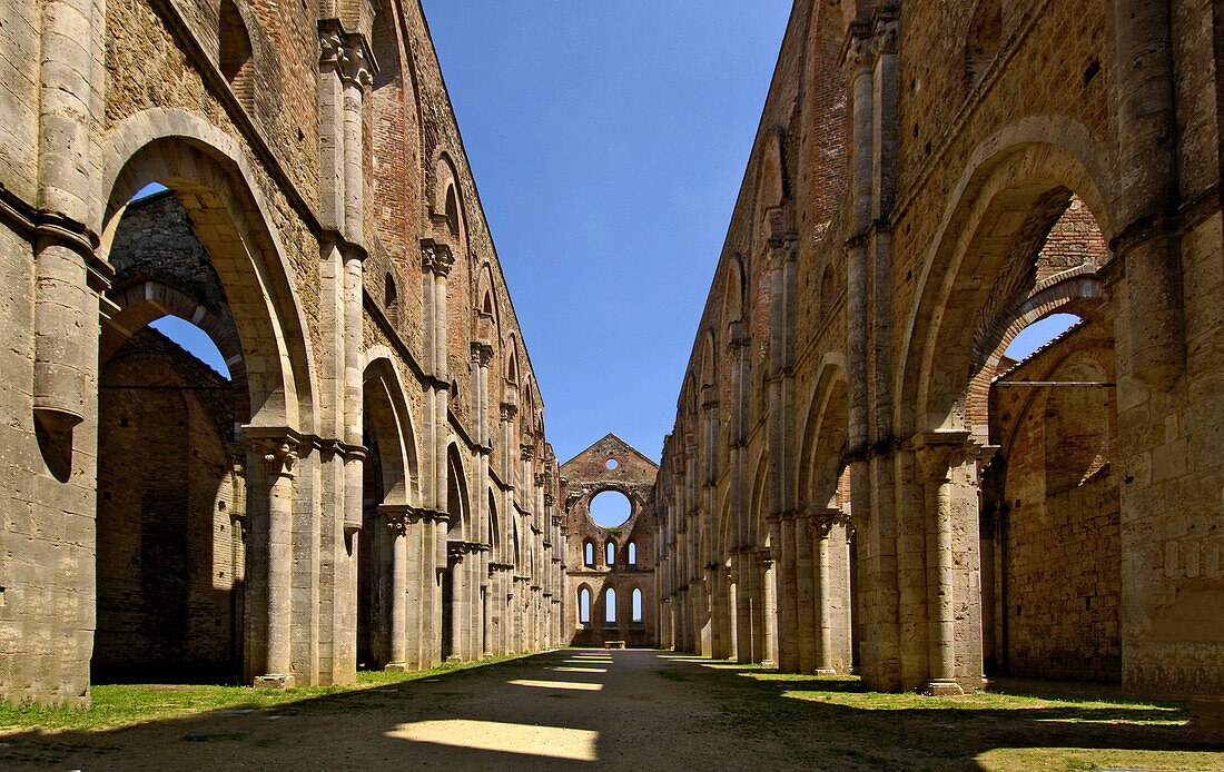 The ruins of an abbey, Abbazia San Galgano, Tuscany, Italy