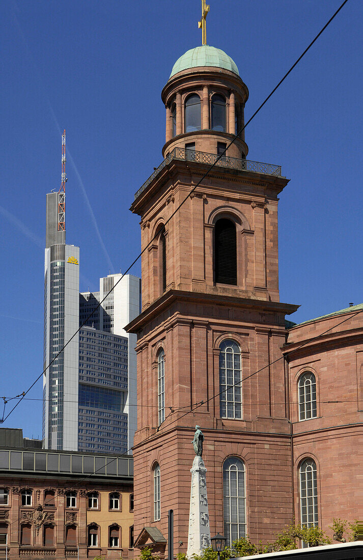 View of St. Pauls Church with Commerz bank in the background, Frankfurt, Hesse, Germany