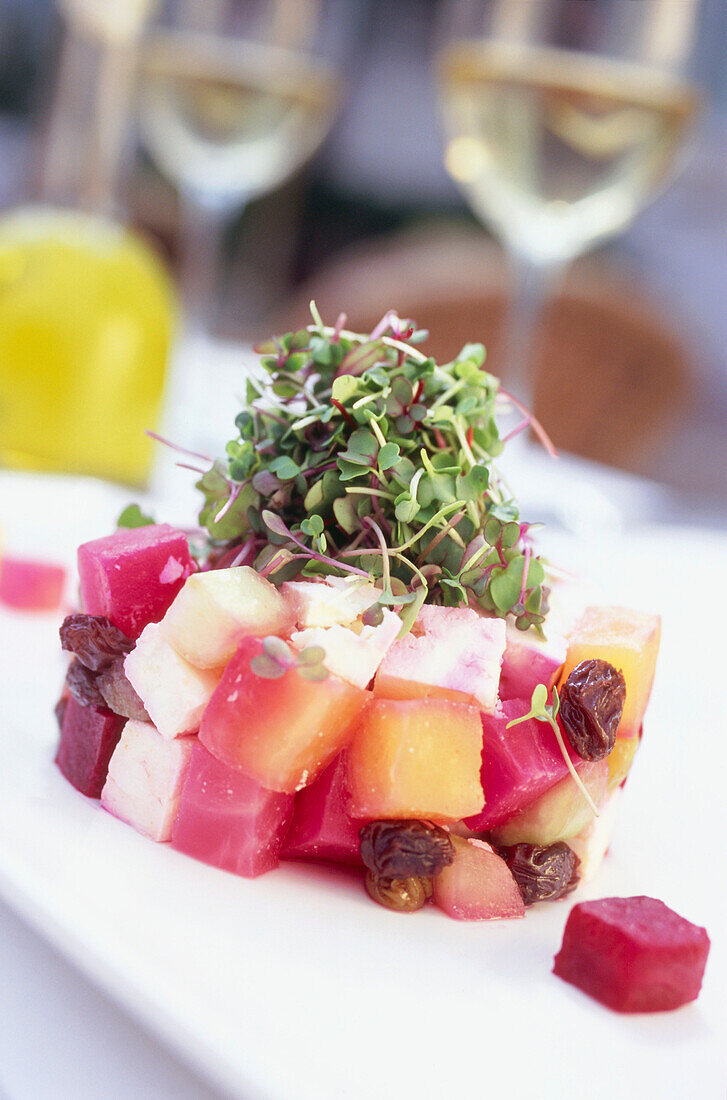 Roasted Candy Stripe red and golden beets with feta cucumber and cumin-raisin vinaigrette, Restaurant Mark's South Beach, South Beach, Miami, Florida, USA
