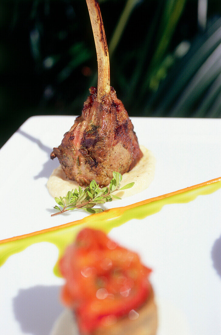 Grilled lamb chop braised shank Bastilla smoked eggplant, Restaurant Azul, Hotel Mandarin Oriental Miami, Downtown, Miami, Florida, USA