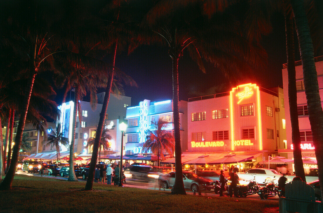 Ocean Drive at night, South Beach, Miami, Florida, USA
