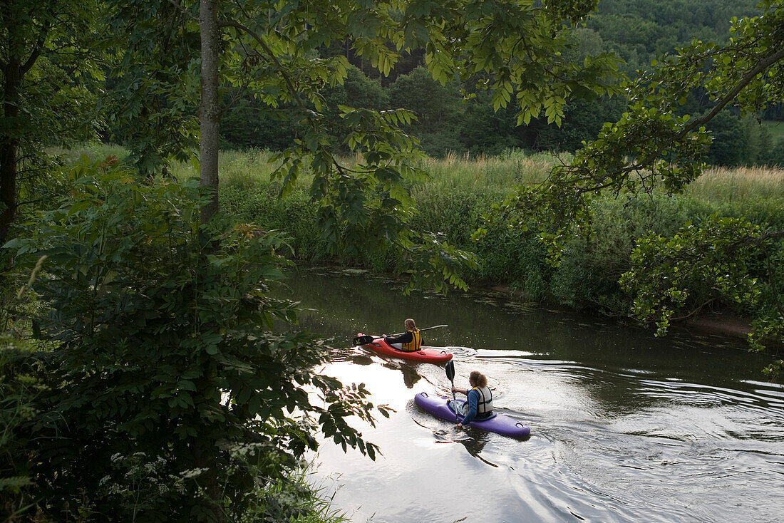 Canoe Paddlers on River Fraenkische Saale, Near Bad Kissingen, Rhoen, Bavaria, Germany