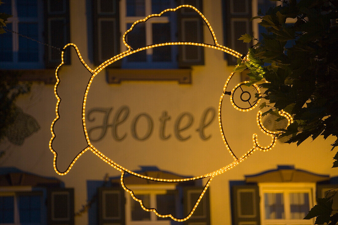 Der Goldene Karpfen Hotel and Restaurant Sign at Night, Fulda, Rhoen, Hesse, Germany