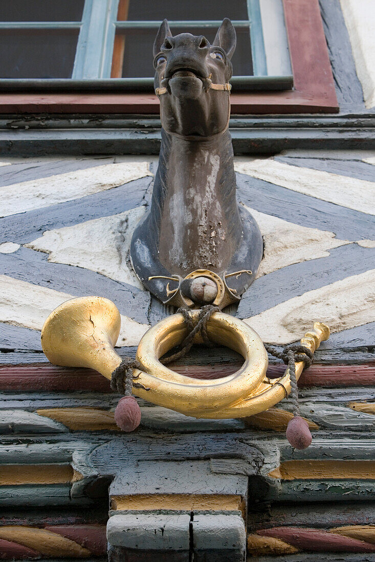 Ornamental Wooden Decoration of Alte Post Restaurant, Meiningen, Rhoen, Thuringia, Germany