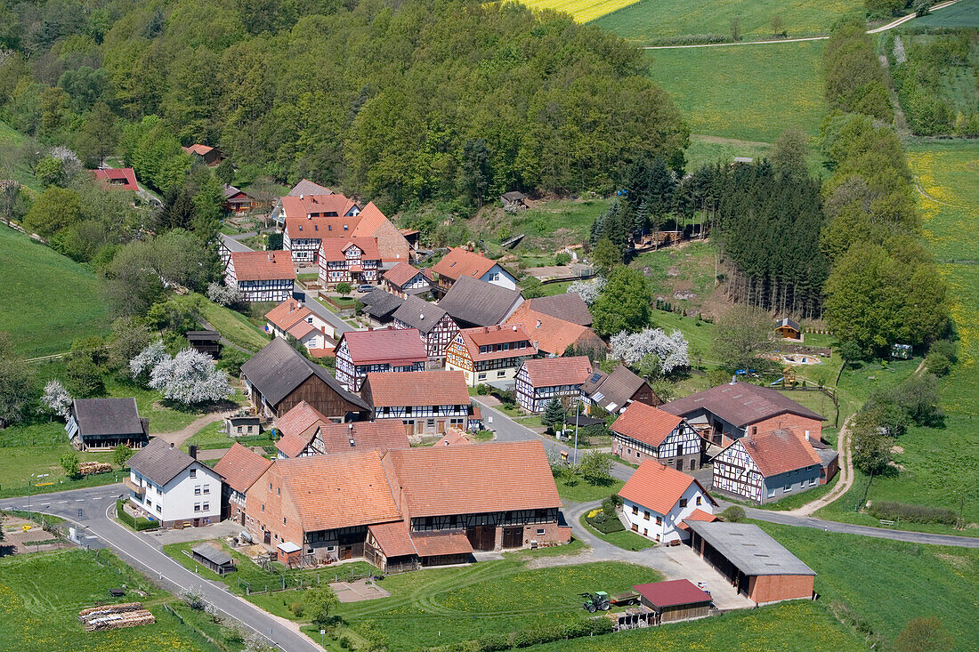 Aerial Photo of Village in Countryside, Haunetal Muesenbach, Rhoen, Hesse, Germany
